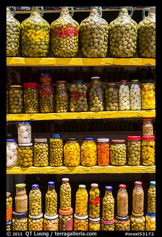 Jars of preserved pickles. Baja California, Mexico (color)