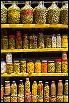 Jars of preserved pickles. Baja California, Mexico (color)