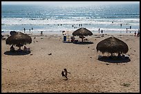 Straw sun shelter umbrellas and ocean, Ensenada. Baja California, Mexico (color)