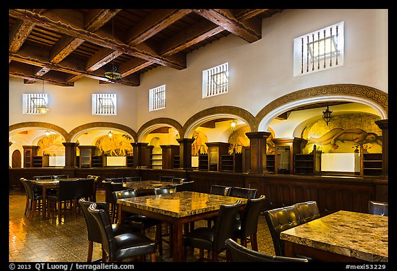 Room with elaborated mosaics and carved beams, Riviera Del Pacifico, Ensenada. Baja California, Mexico