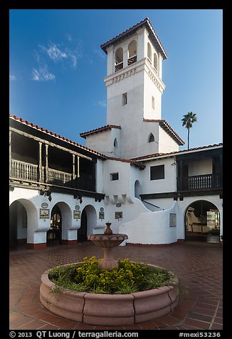 Courtyard, fountain and tower, Riviera Del Pacifico, Ensenada. Baja California, Mexico