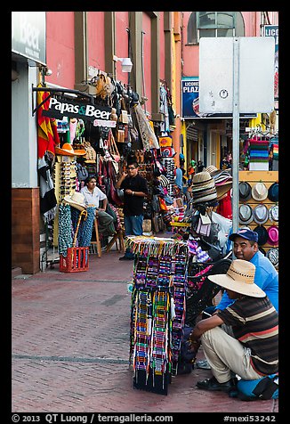 Souvenirs stands on sidewalk, Ensenada. Baja California, Mexico (color)