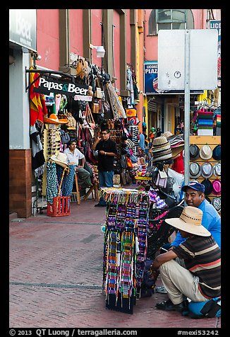 Souvenirs stands on sidewalk, Ensenada. Baja California, Mexico