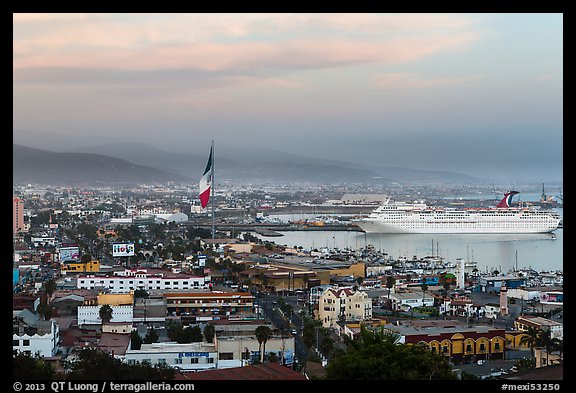 Ensenada harbor, and cruise ship at sunset. Baja California, Mexico (color)