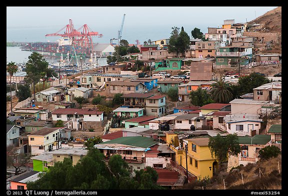 Houses on hillside above harbor, Ensenada. Baja California, Mexico (color)
