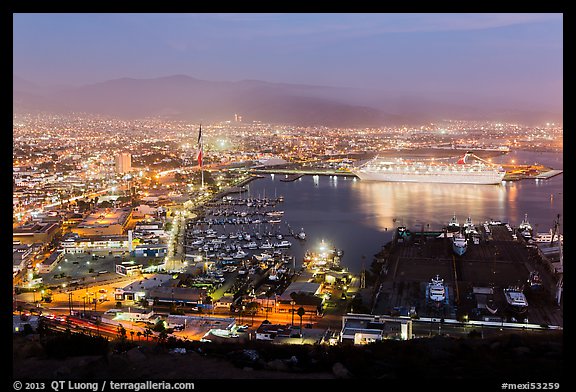 Harbor at night from above, Ensenada. Baja California, Mexico (color)
