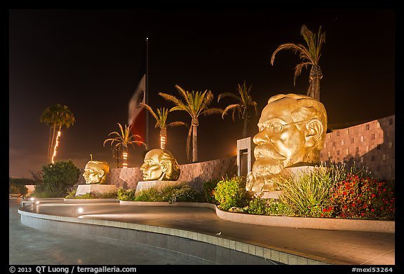 Monumental heads of Benito Juarez, Miguel Hidalgo and Venustiano Carranza, Ensenada. Baja California, Mexico (color)