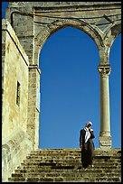 Muslim woman on stairs at the Dome of the Rock entrance. Jerusalem, Israel ( color)