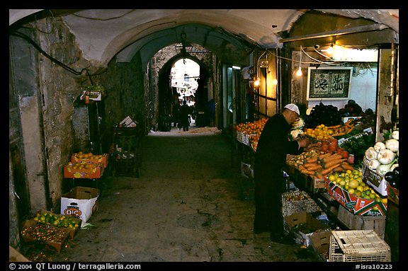 Fruit and vegetable store in an old town archway. Jerusalem, Israel