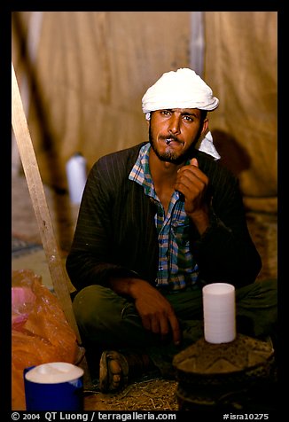 Bedouin man in a tent, Judean Desert. West Bank, Occupied Territories (Israel) (color)