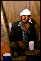 Bedouin man in a tent, Judean Desert. West Bank, Occupied Territories (Israel)