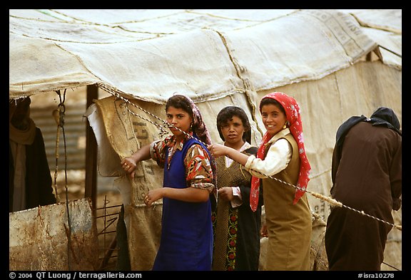 Bedouin women rearranging a tent's cover, Judean Desert. West Bank, Occupied Territories (Israel) (color)