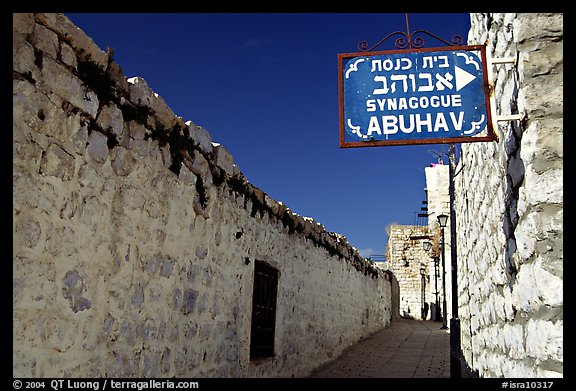 Alley with sign pointing to Synagogue Abuhav, Safed (Safad). Israel (color)