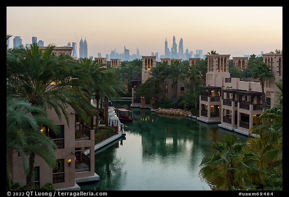 Medina Jumerah lush gardens and city skyline. United Arab Emirates (color)