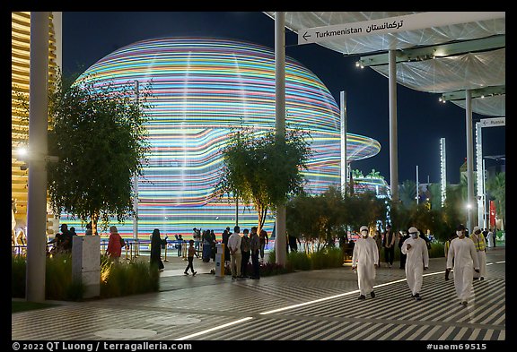 Walkway and Russia Pavilion at night. Expo 2020, Dubai, United Arab Emirates (color)