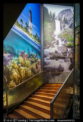 Staircase and photos of national parks, USA Pavilion. Expo 2020, Dubai, United Arab Emirates (color)