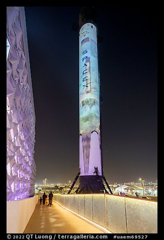 Falcon 9 rocket with space travel projection mapping show, USA Pavilion. Expo 2020, Dubai, United Arab Emirates
