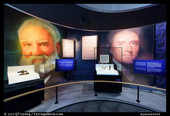 Alexander Graham with first phone and Thomas Jefferson with copy of Koran, USA Pavilion. Expo 2020, Dubai, United Arab Emirates (color)