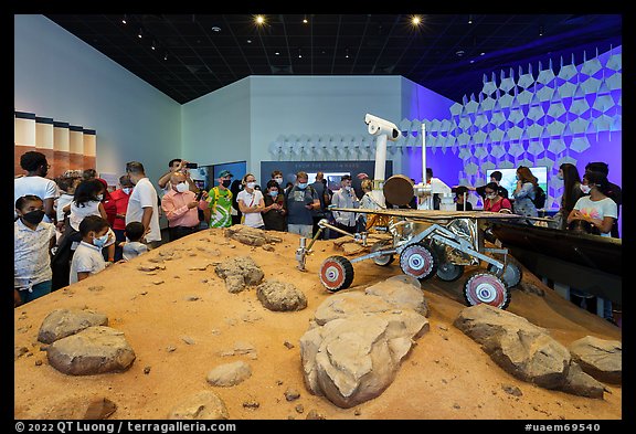 Visitors looking at Mars rover exhibit, USA Pavilion. Expo 2020, Dubai, United Arab Emirates (color)