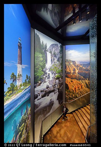 Woman below huge photographic prints, USA Pavilion. Expo 2020, Dubai, United Arab Emirates (color)
