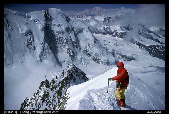 Alpinist near the top of Monte Rosa,  Switzerland.  (color)
