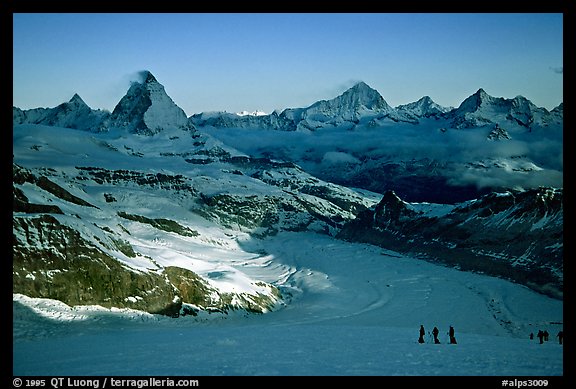 Matterhorn and glaciers at sunrise seen from Monte Rosa, Switzerland.  (color)