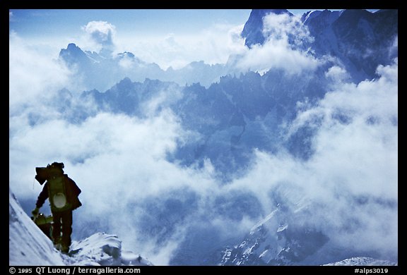 Alpinist exits Aiguille du Midi. Alps, France