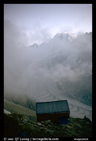 Alpine hut, which serves as a base for climbers. Alps, France