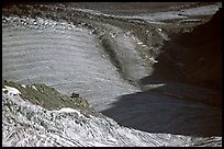 Forbes bands on Mer de Glace. Their shape indicate the differential in flow speed; the Requin hut gives the scale. Alps, France ( color)