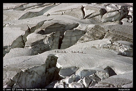 Party crosses a snow bridge in the upper Vallee Blanche in summer, Mont-Blanc range, Alps, France.