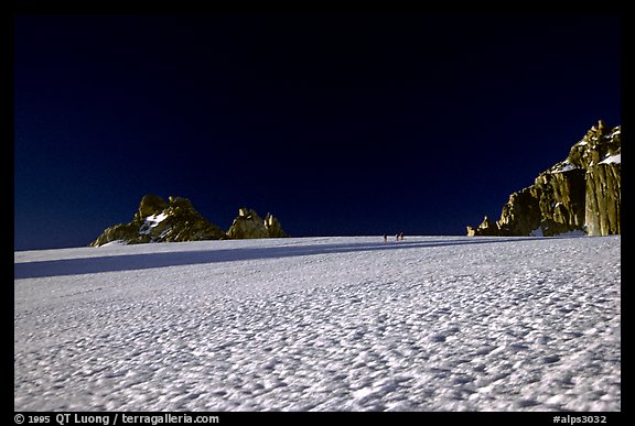 On the gentle Trient Glacier, similar to a snow field with no open crevasses, Mont-Blanc range, Alps, Switzerland.  (color)