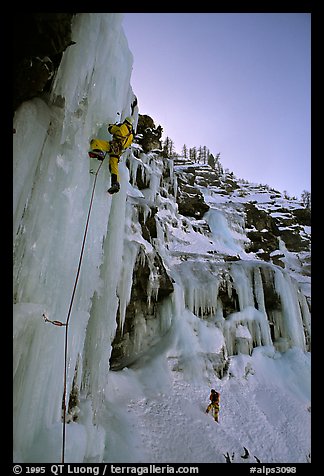 Francois climbs a new route, Fournel. Alps, France