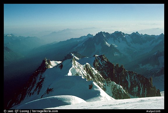 Mount Maudit, Mont-Blanc du Tacul and Aiguille du Midi seen from summit of Mont-Blanc, France.