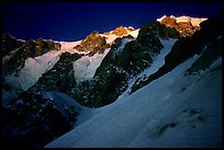 Looking up from the Red Sentinel route at dawn, Mont-Blanc, Italy.