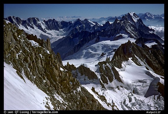 Looking down from the Red Sentinel route, Mont-Blanc, Italy and France.  (color)