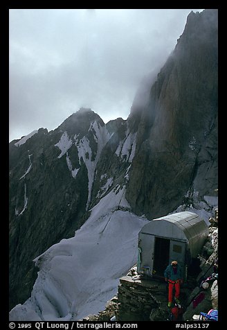 Eccles shelter at the base of the Freney Pillars, Mont-Blanc, Italy.  (color)