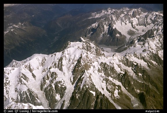 West face of Mont-Blanc photographed from a commercial airplane, Italy and France.