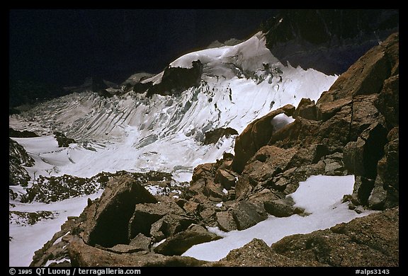 Looking down at the Jaccoux-Domenech route, Mont-Blanc, Italy.  (color)