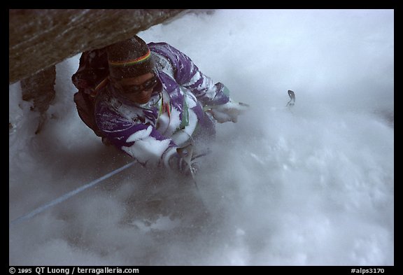 Climbing a gully on Mt Gelas, Maritime Alps, France.  (color)