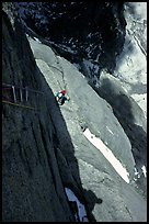 Aid climbing on Bonatti Pilar on Le Dru, Mont-Blanc Range, Alps, France.