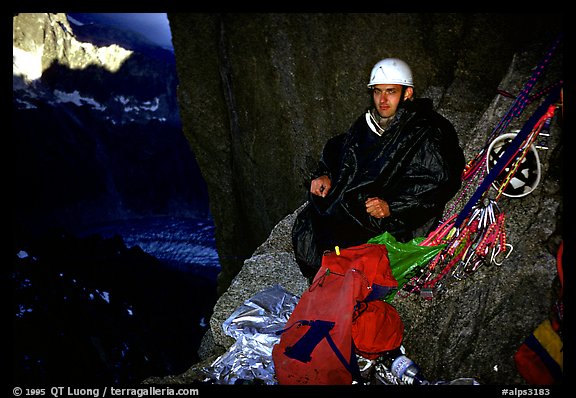 Bivy on Bonatti Pilar on Le Dru, Mont-Blanc Range, Alps, France.  (color)