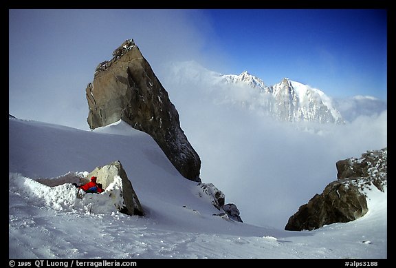 Bivy at the base of Dent du Geant, Mont-Blanc Range, Alps, France.  (color)