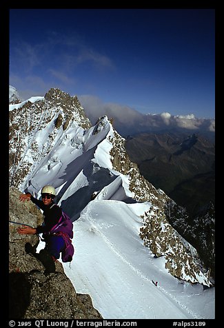 Climbing the South Face of Dent du Geant, Mont-Blanc Range, Alps, France.  (color)