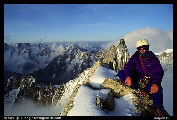 On the very narrow top of Dent du Geant, Mont-Blanc Range, Alps, France.  (color)