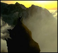 Detail showing two climbers on  the very narrow top of Dent du Geant, Mont-Blanc Range, Alps, France.  ( color)