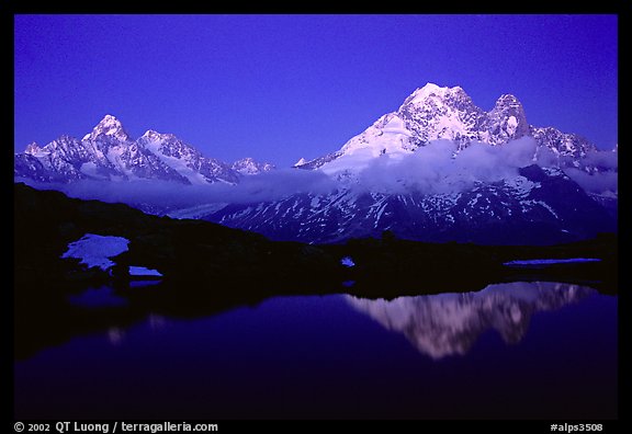 Aiguille du Tour and Aiguille Verte, seen from the Aiguilles Rouges at dusk, Alps, France.