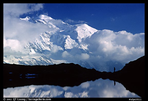 Hiker in the Aiguilles Rouges and Mont-Blanc range, Alps, France.