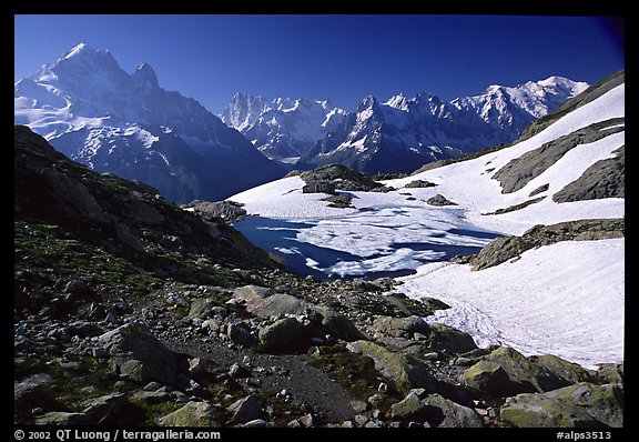 Mountain hut at Lac Blanc and Mont-Blanc range, Alps, France.