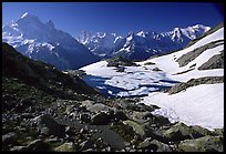 Mountain hut at Lac Blanc and Mont-Blanc range, Alps, France.  ( color)