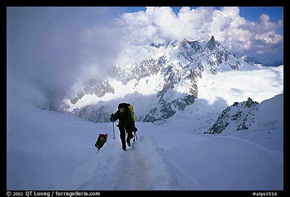 Alpinists climb  Aiguille du Midi, France.  (color)